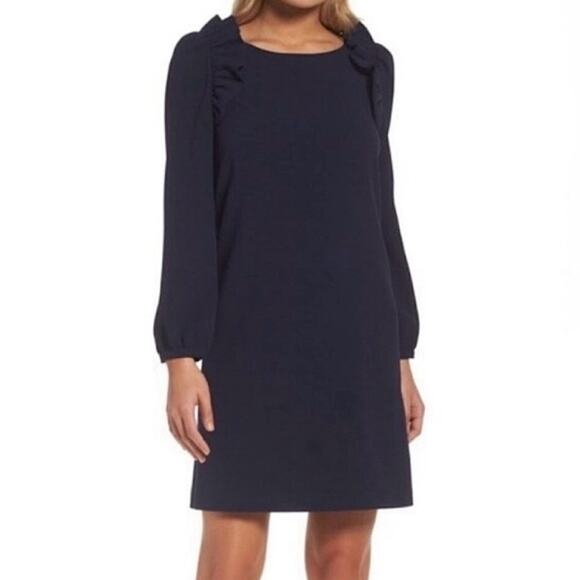 Chelsea28 Ruffle Shoulders Shift Dress Long Sleeves Scoop Neck Navy Size 8 - Picture 1 of 13